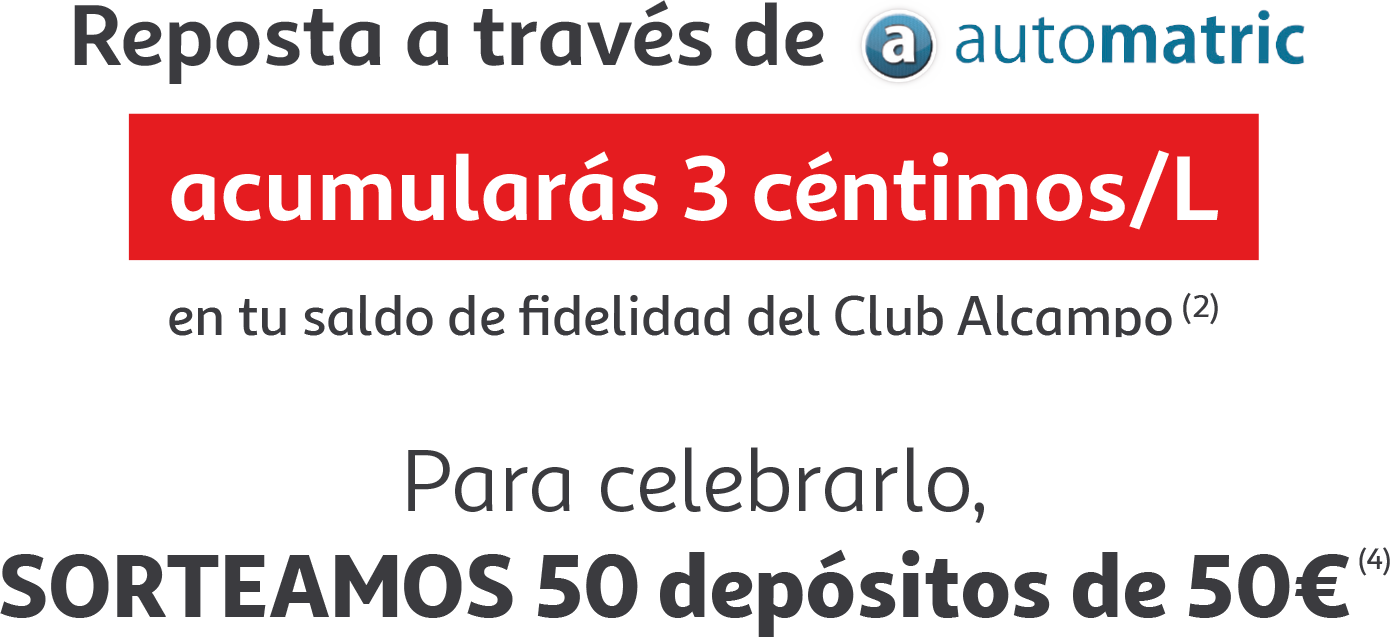 Reposta a través de automatric y acumularás 3 céntimos/L en tu saldo de fidelidad del Club Alcampo (2). Para celebrarlo sorteamos 50 depósitos de 50€ (4)